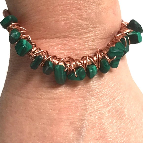 Genuine Malachite Gemstone Green Handmade Wire Wrap Cuff Solid Copper Bracelet - Picture 2 of 9
